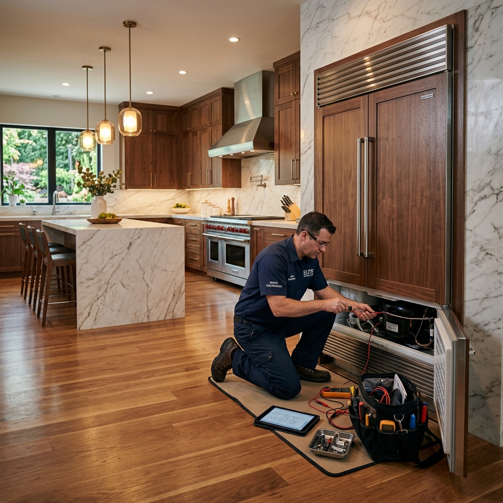 Appliance technician inspecting a built-in refrigerator
